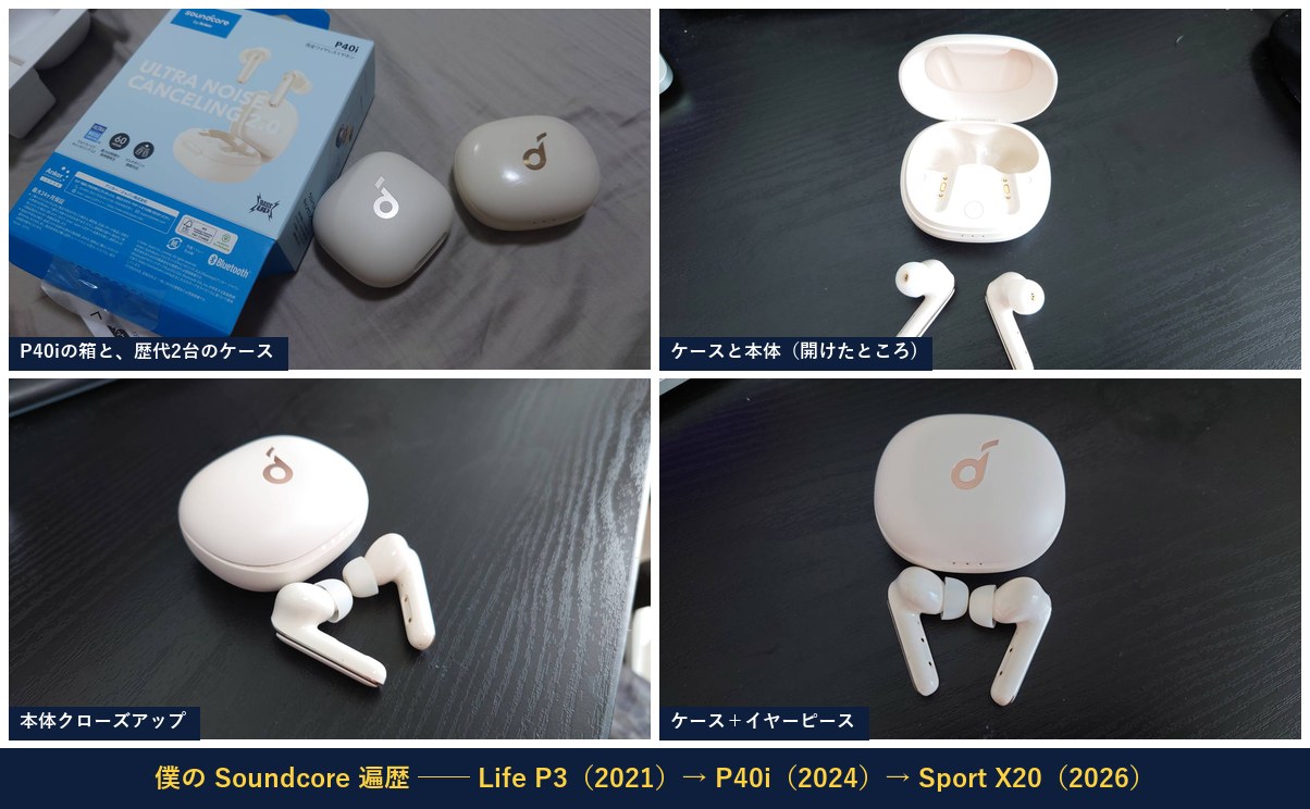 僕のSoundcore遍歴。Anker Soundcore Life P3(2021年)とP40i(2024年)の実物写真4枚。P40iの箱、歴代2台の充電ケース、イヤホン本体のクローズアップ